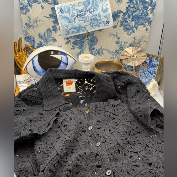 🆕 FARM Rio 🧿 NWOT Black Semisheer Floral Button-Up Crochet Cover-Up Dress, XL - Picture 10 of 13